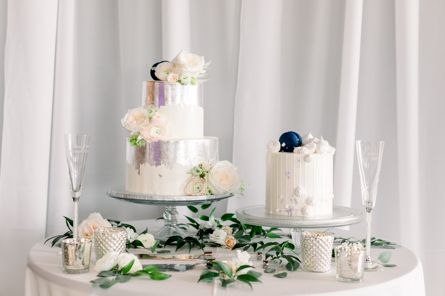 Silver and white wedding cakes