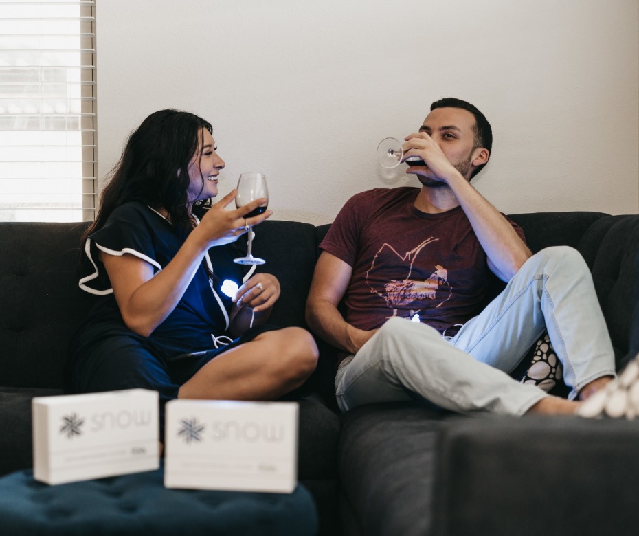 Snow Teeth Whitening Couple Drinking Wine and Getting Ready to Whiten