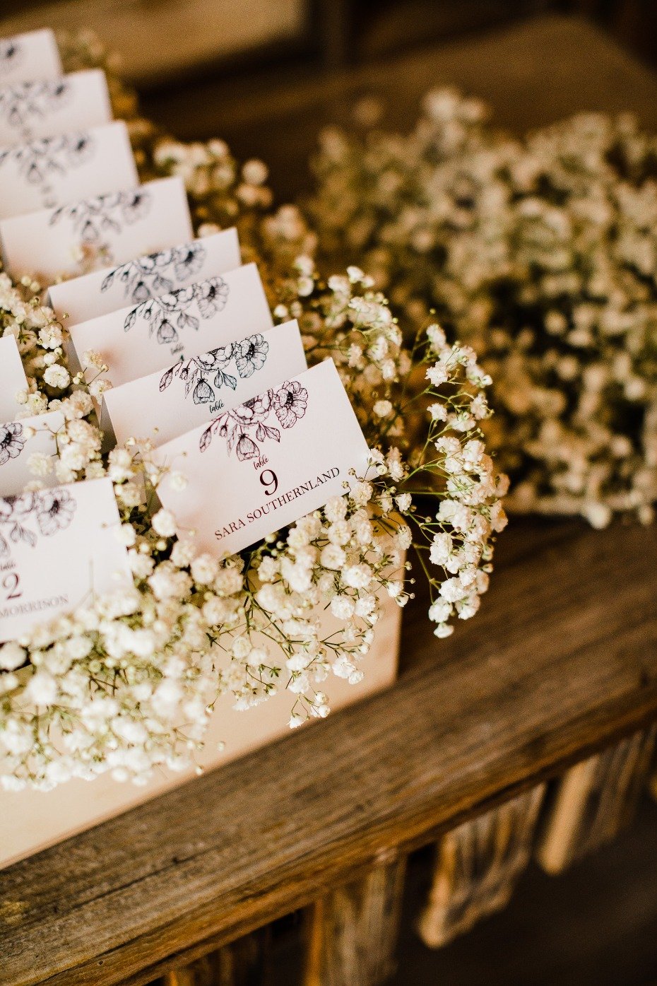 DIY Wedding Reception Details Place Cards on Baby's Breath