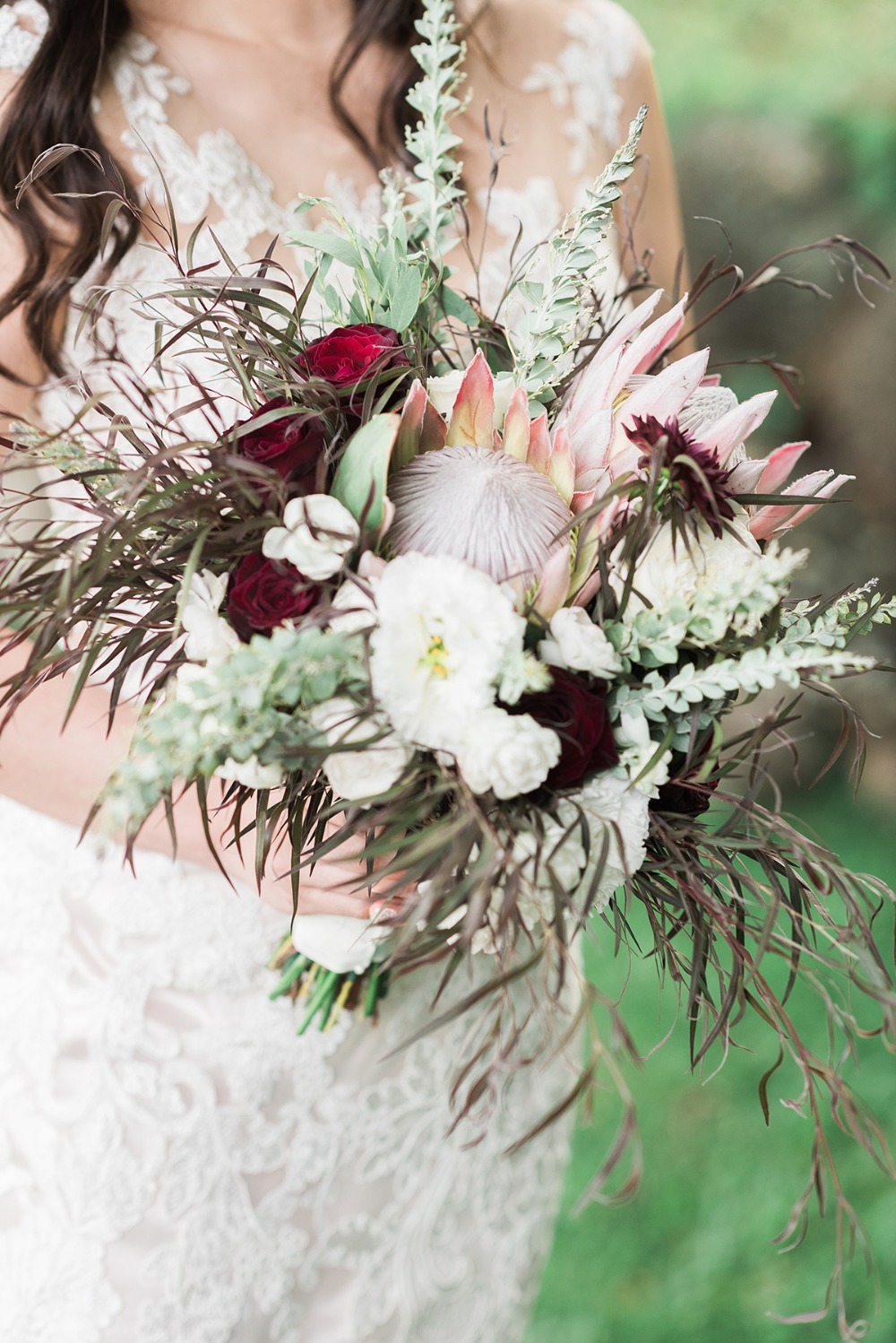 tropical pink white and burgundy bouquet