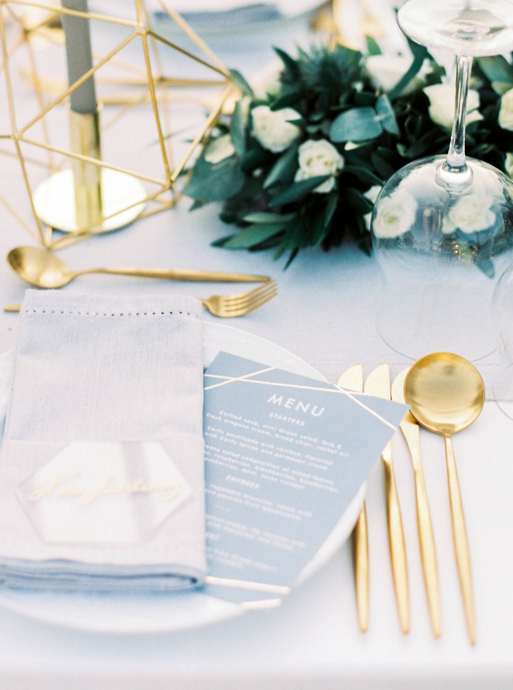soft grey and gold wedding place setting