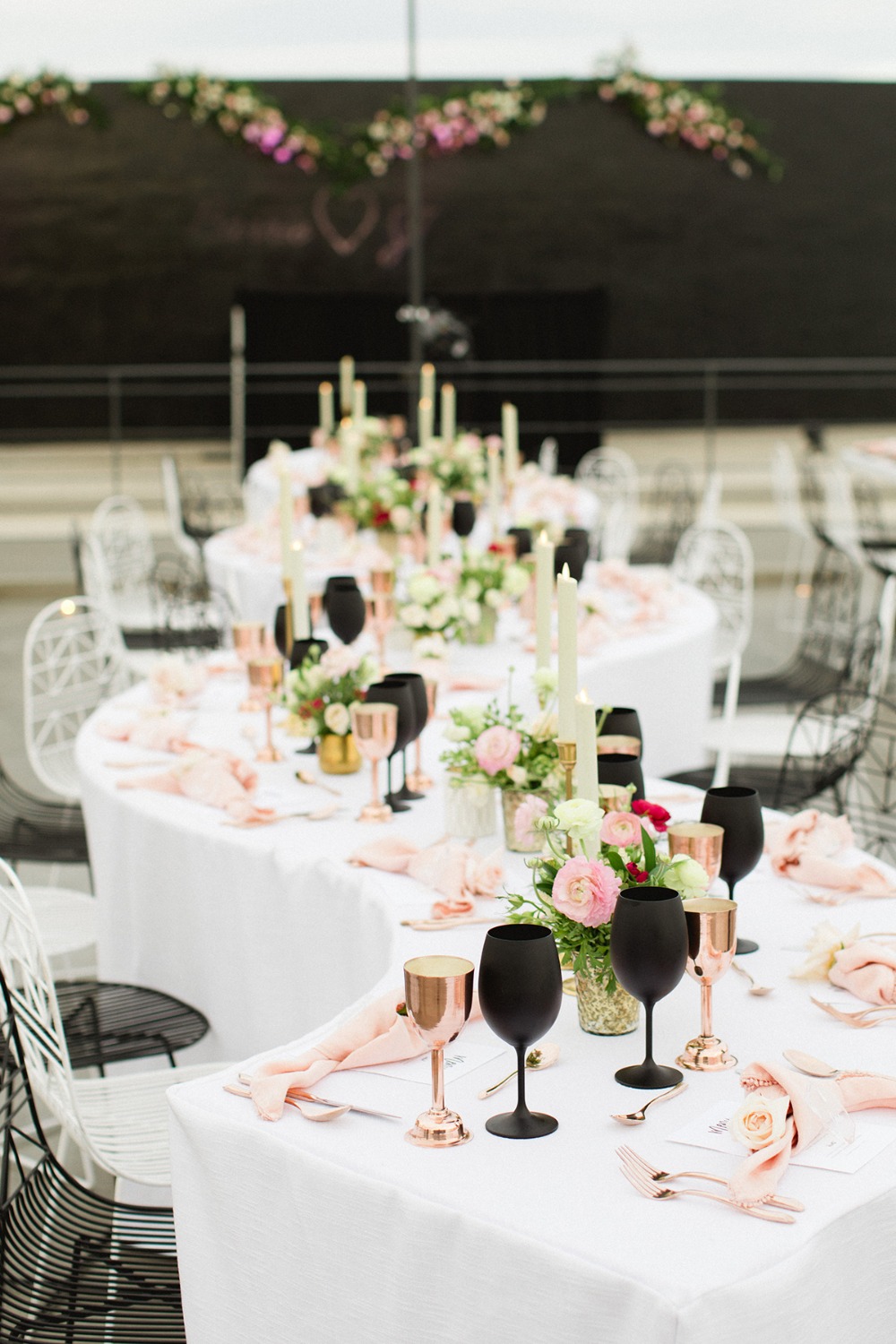modern pink rose gold and matte black wedding decor