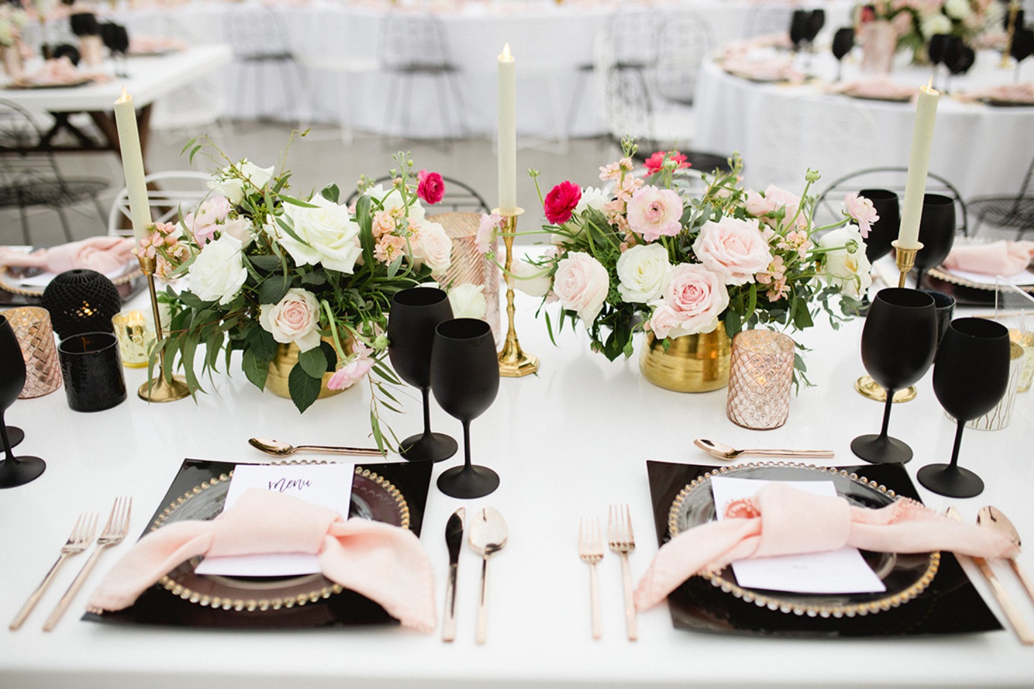rose gold and black wedding place setting