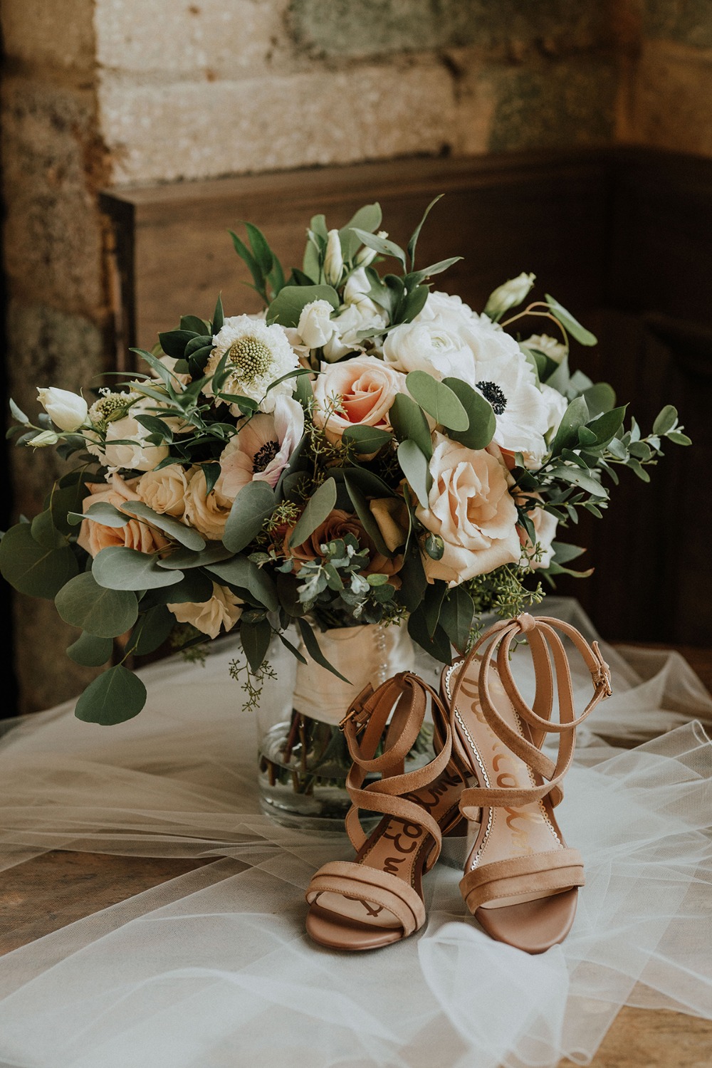 wedding shoes and wedding bouquet