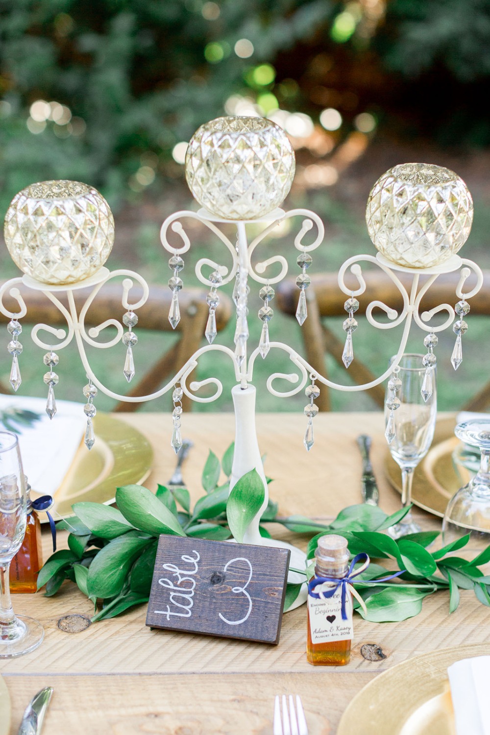glam wedding centerpiece and table number
