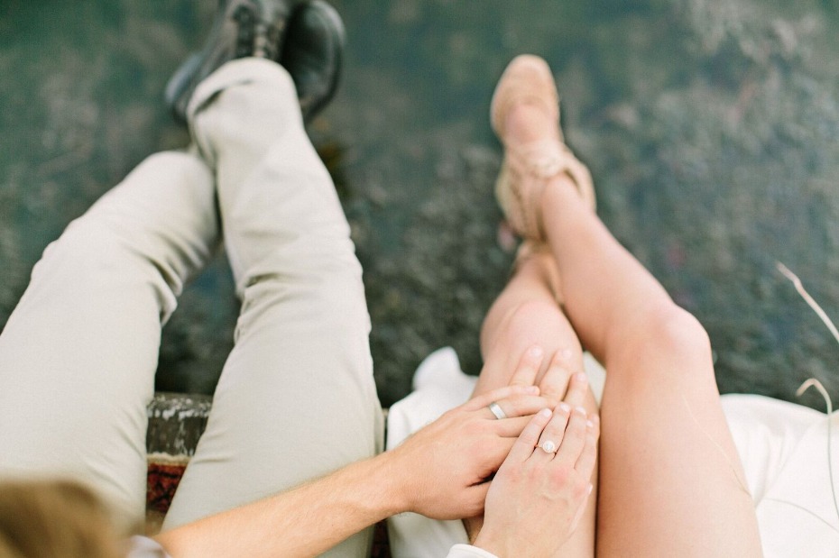 Couple holding hands as they sit on the side of a cliff with feet dangling