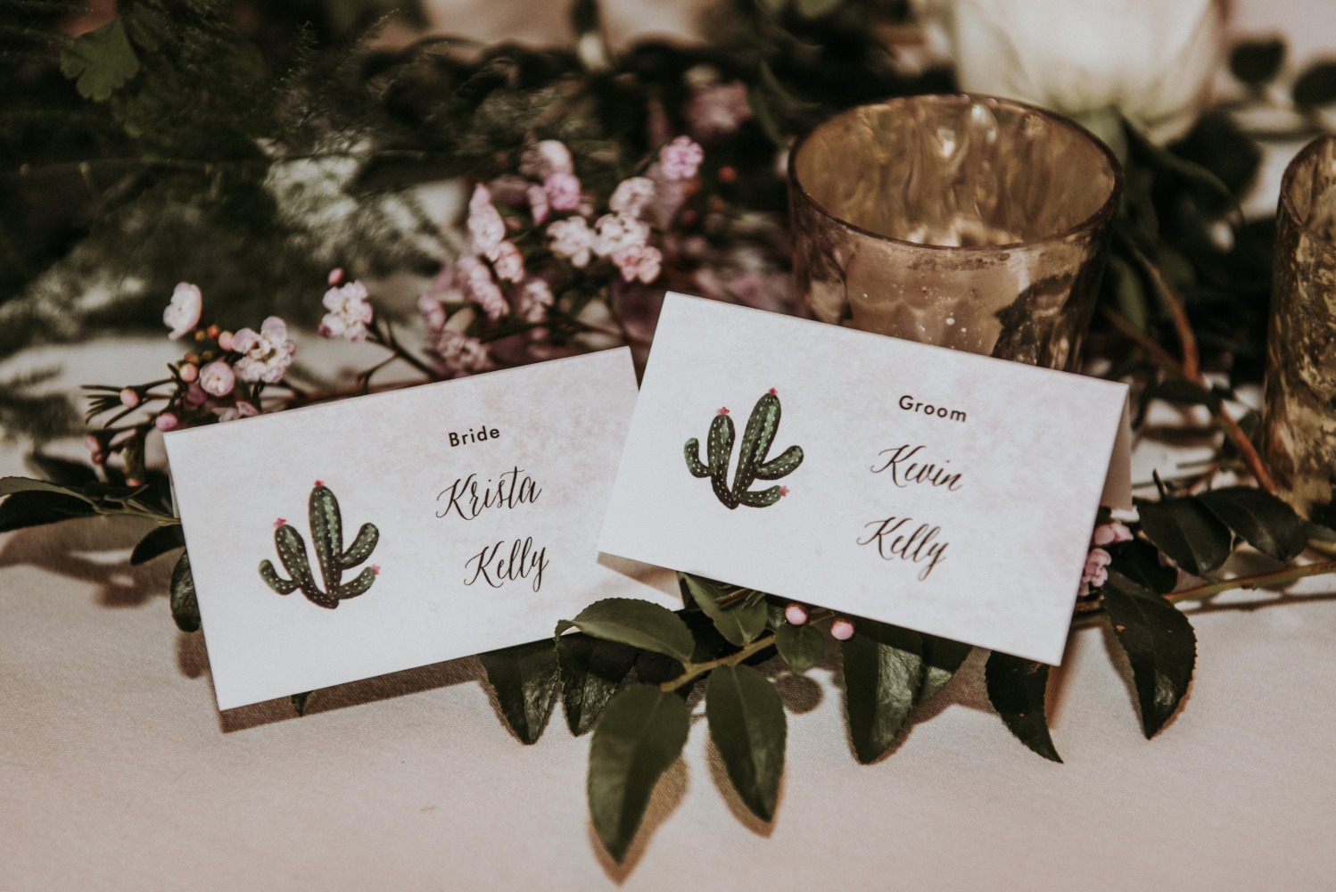 Wedding place cards with cactus design for Krista and Kevin Kelly