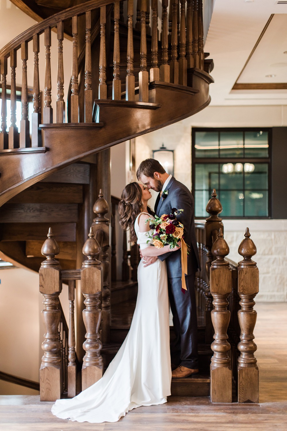 romantic staircase wedding couple photo