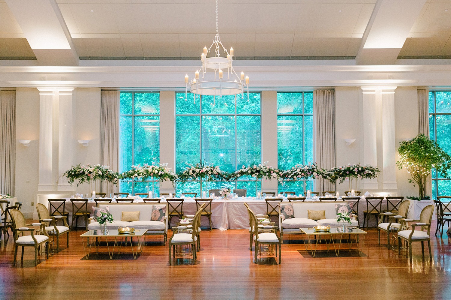 Elegant wedding reception hall with floral decor