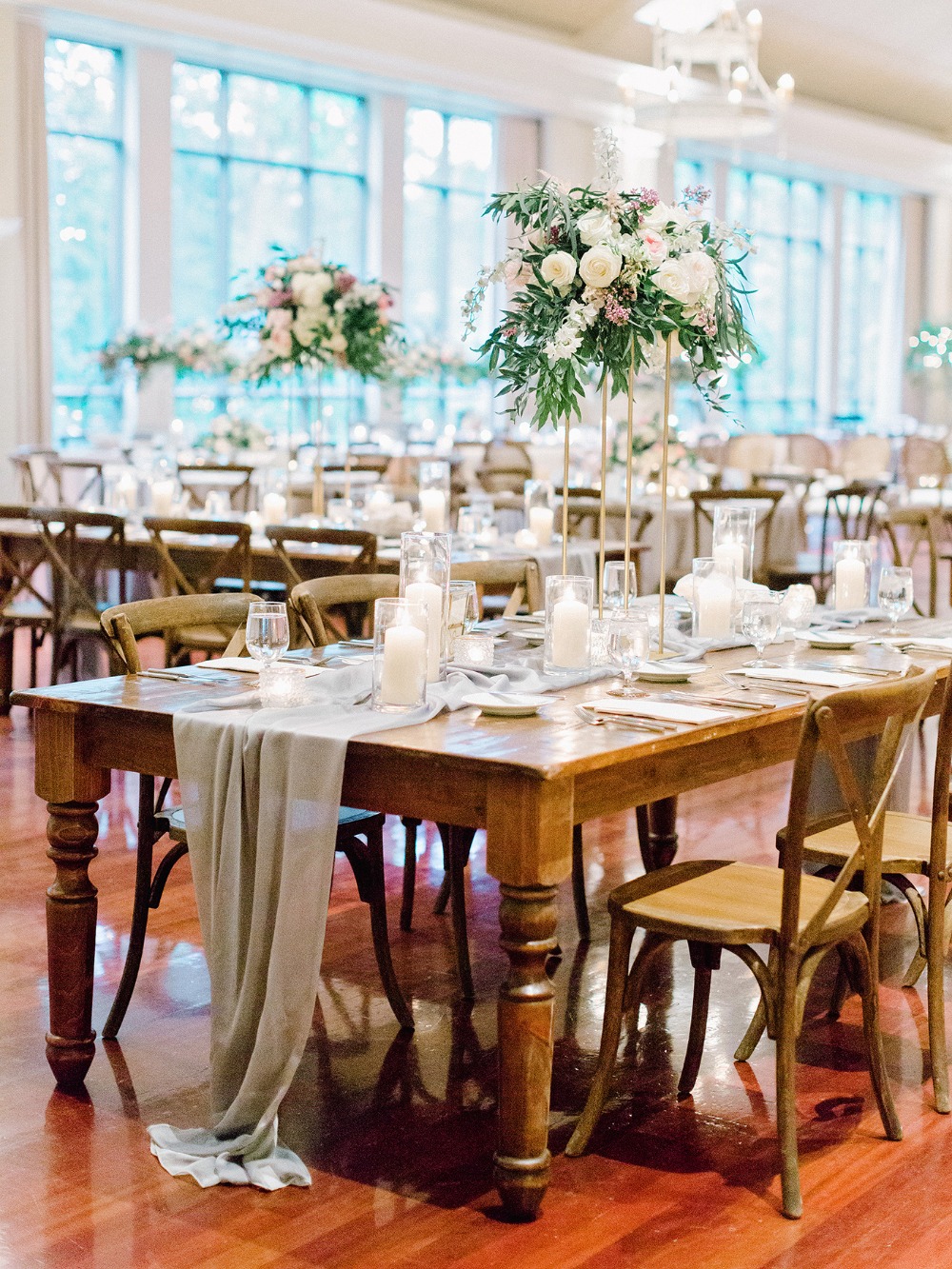 Elegant wedding reception table floral centerpiece candles