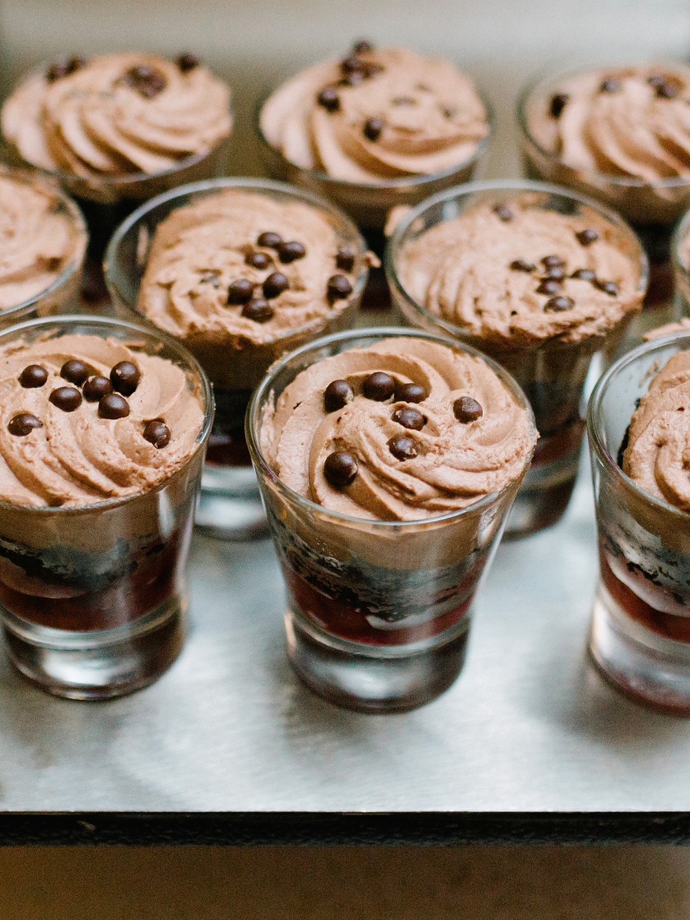 Chocolate mousse dessert shooters close up view
