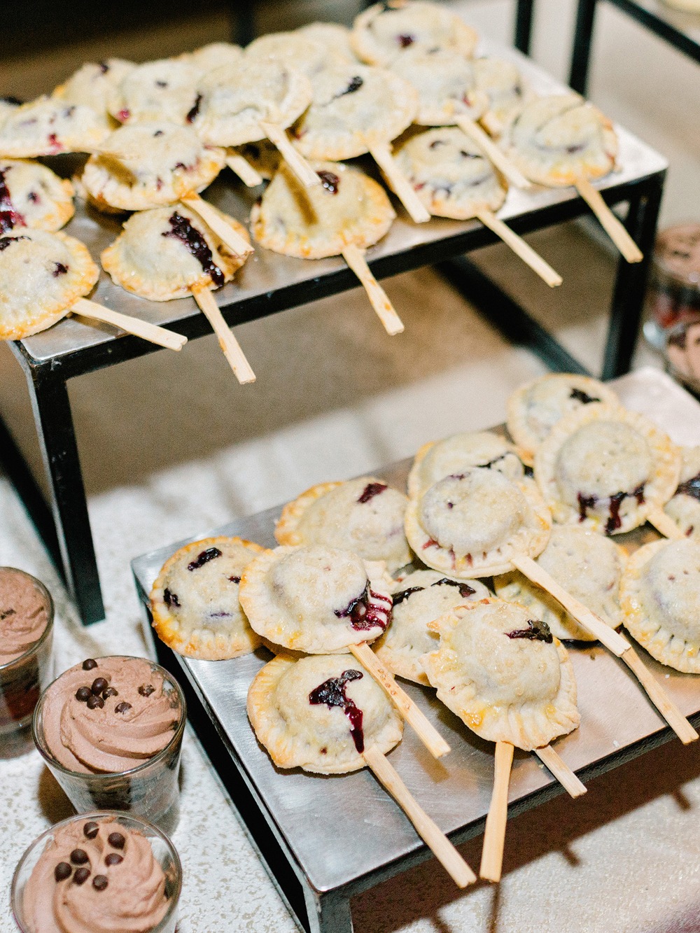 Mini blueberry pie pops and chocolate mousse cups