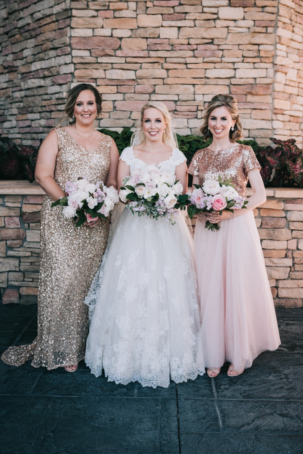 bridesmaids in pink and gold sequins