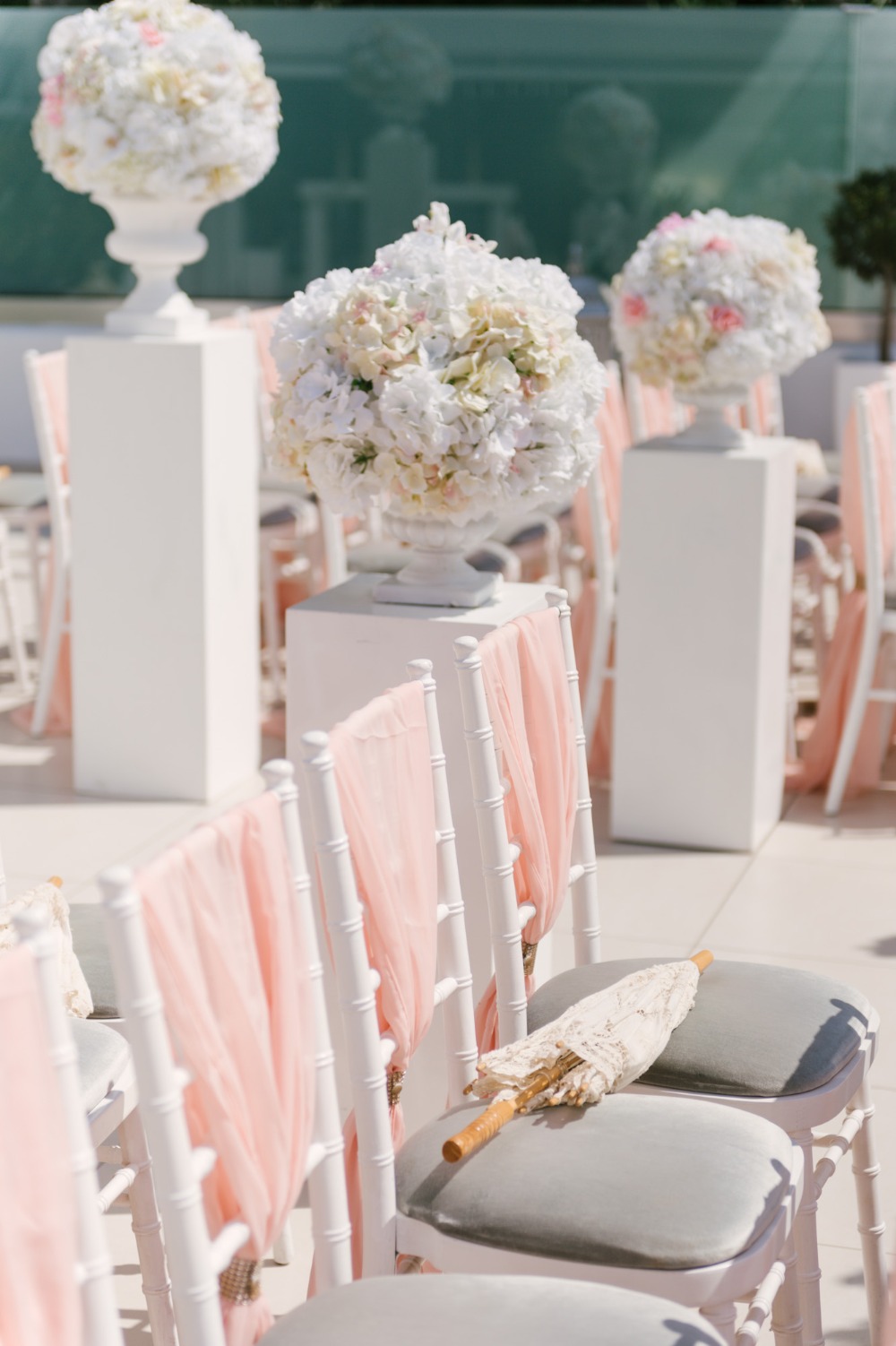 pink and white wedding seating