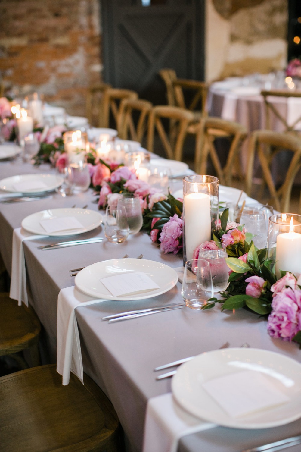 soft grey white and pink table decor