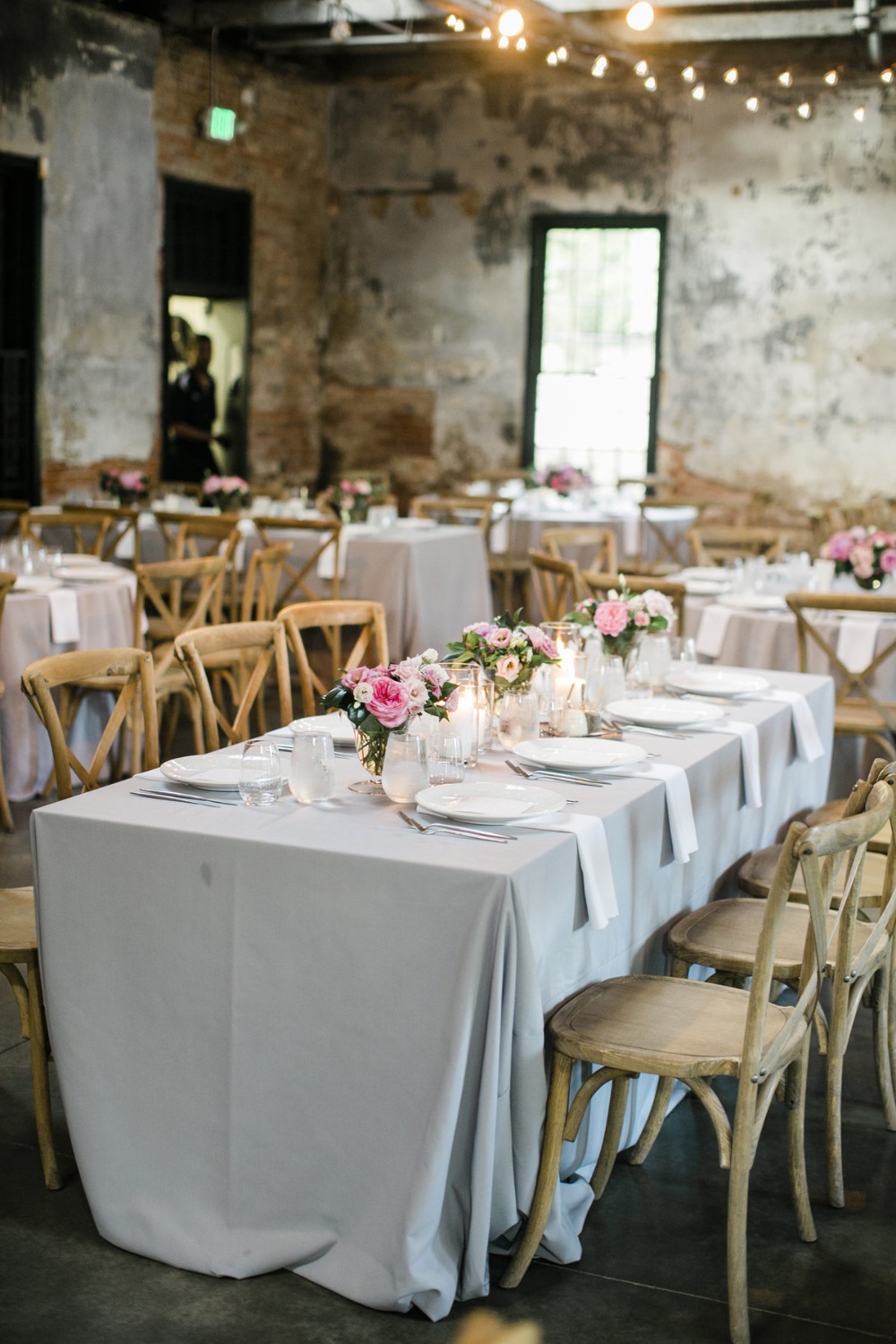soft grey and pink wedding reception decor