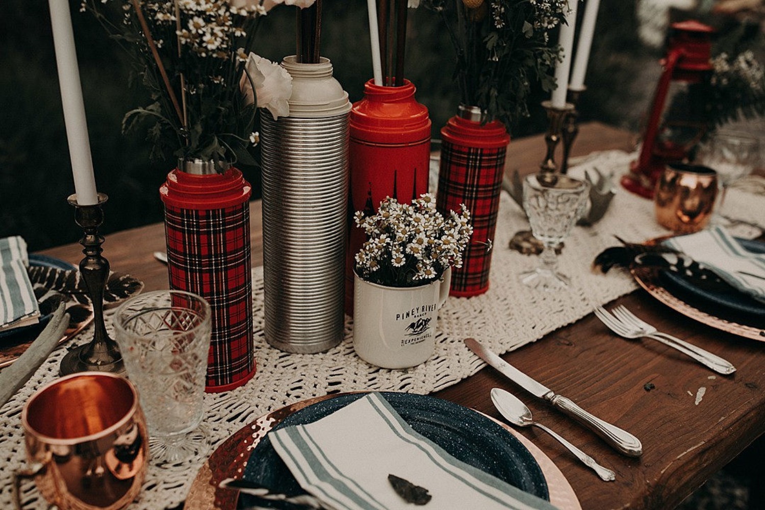 classic camping wedding table decor