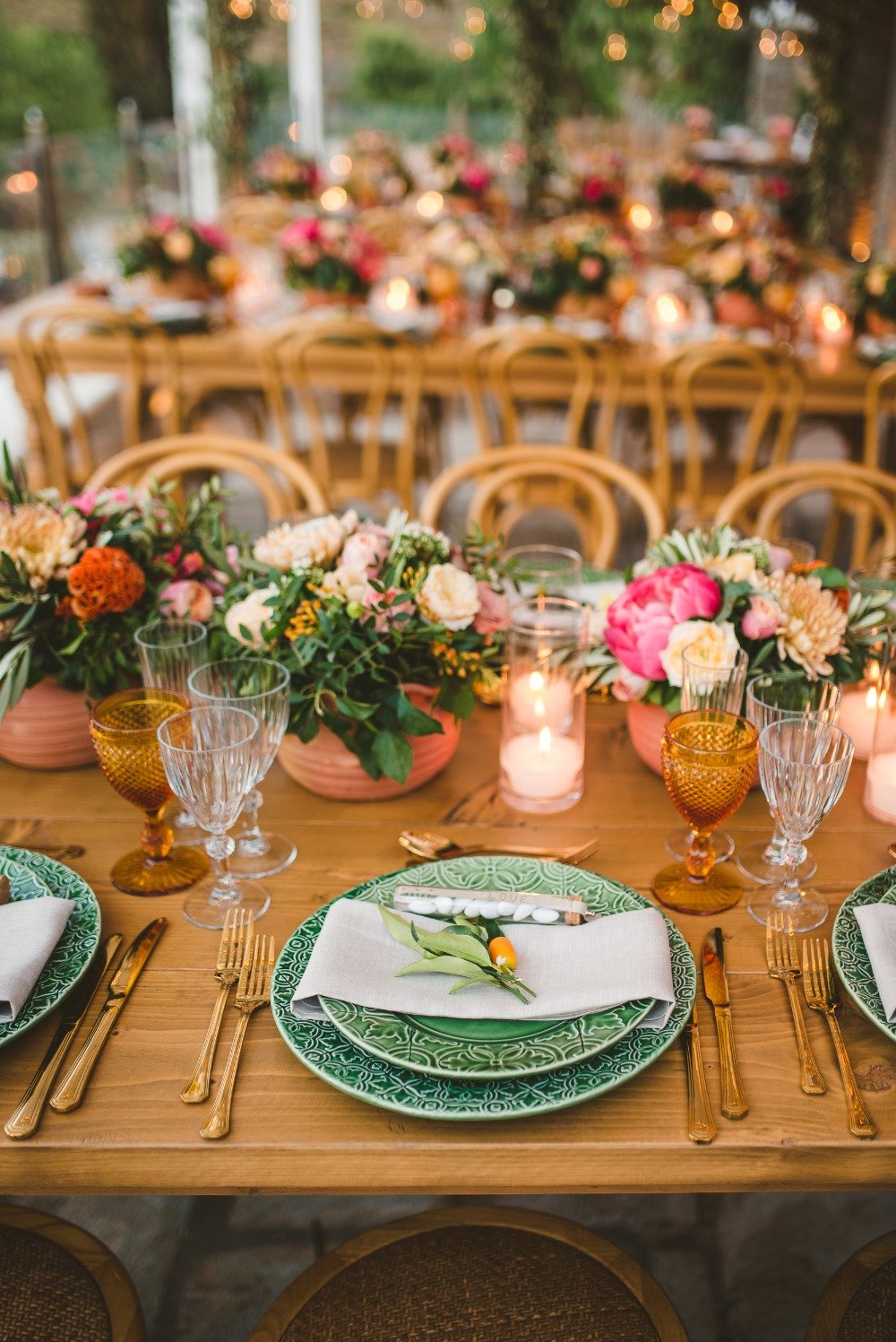 green and gold wedding place setting