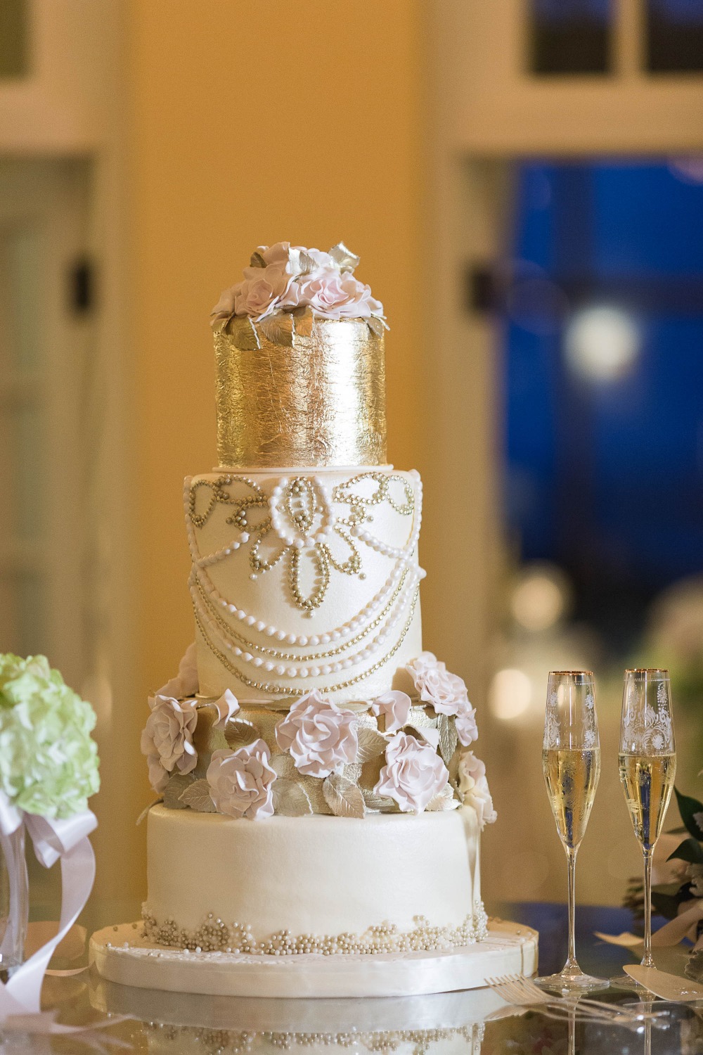 glam gold and white wedding cake