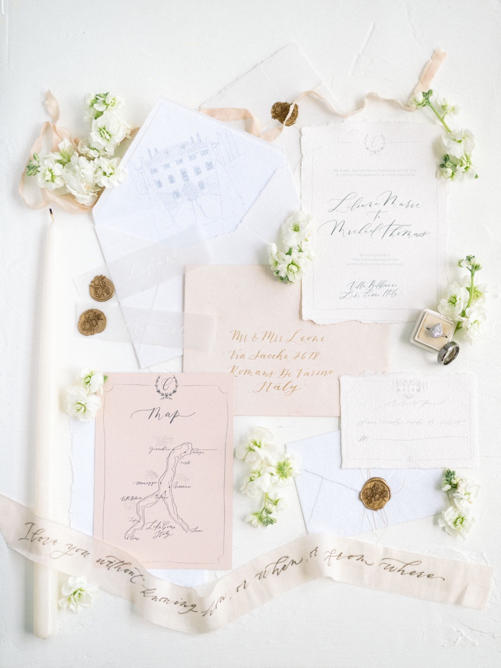 blush and ivory wedding invitation suite
