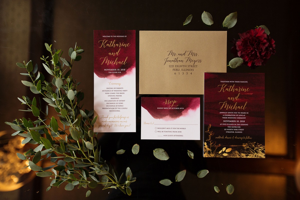 deep red watercolor wedding invitation suite