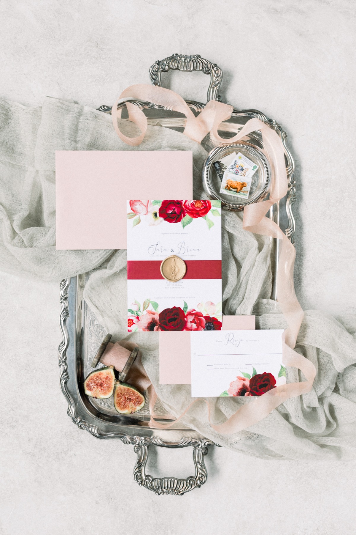Red and blush wedding invitation suite