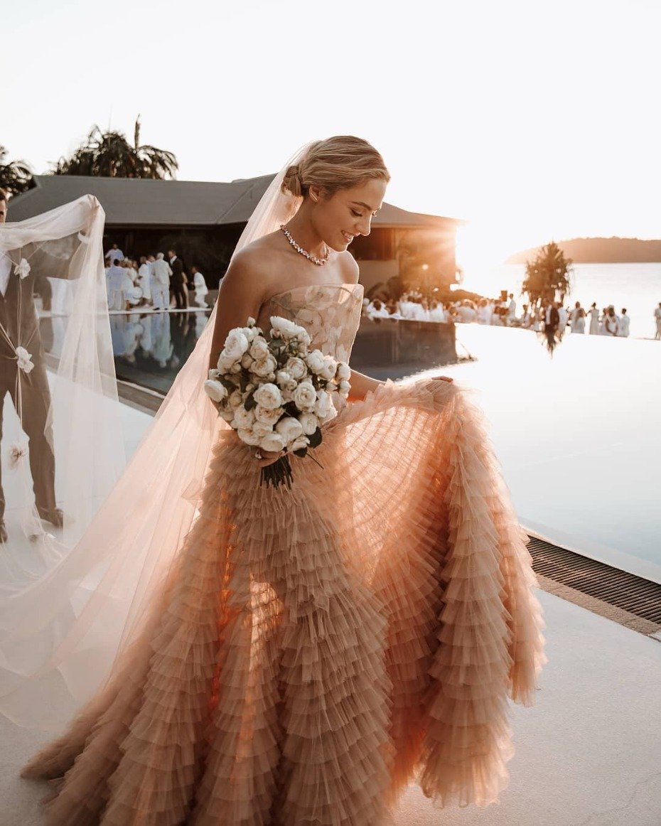 Blush Dior Gown with Ruffles and Floral Print
