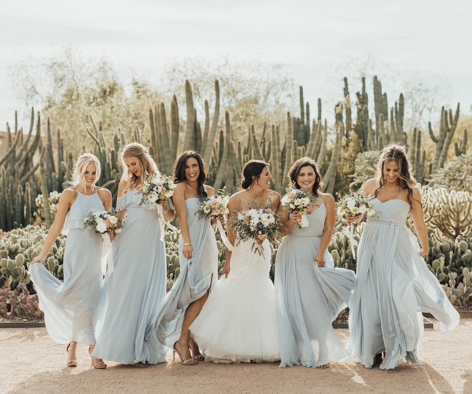 Bride and bridesmaids in front of cactus field