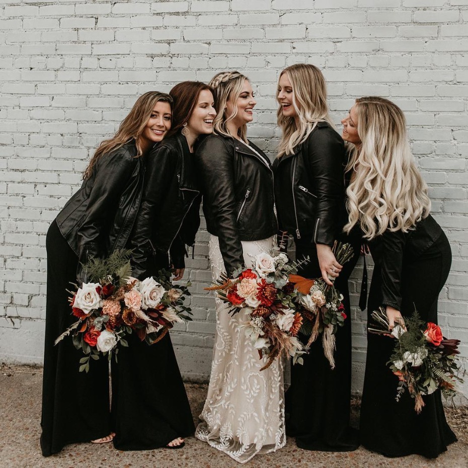 Bride and bridesmaids with leather jackets