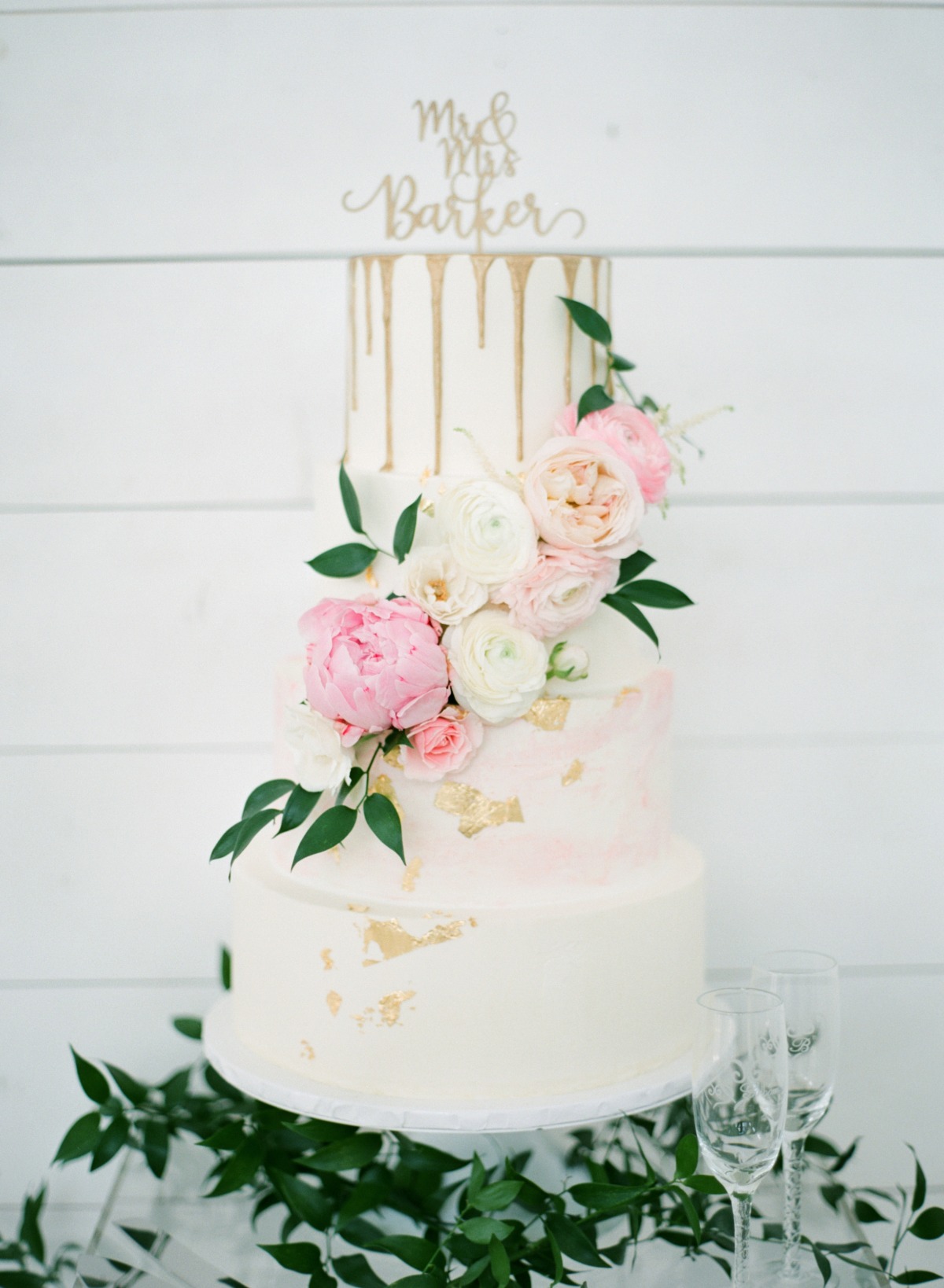 White, gold and blush wedding cake