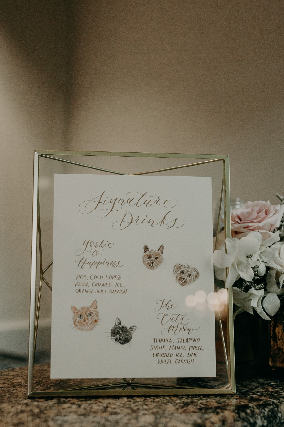 Wedding drinks menu sign with dog and cat portrait art