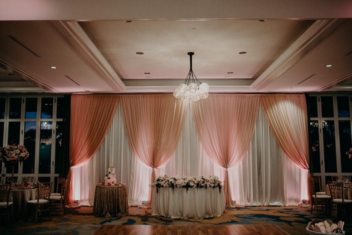 blush and gold ballroom reception