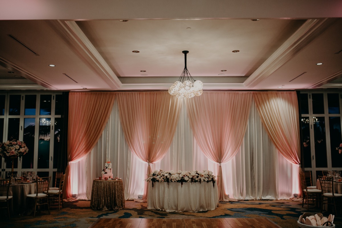 Elegant wedding reception setup with pink and white draping details