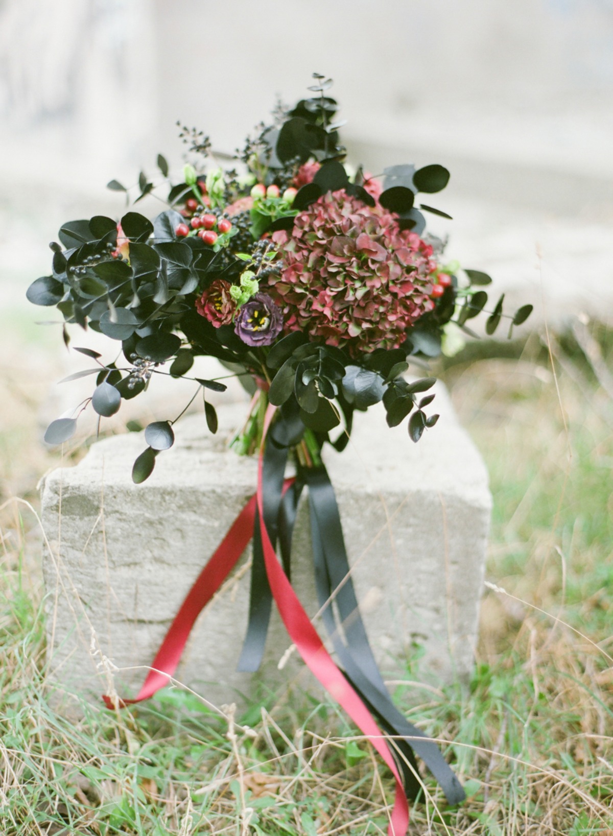 dark red and black wedding bouquet