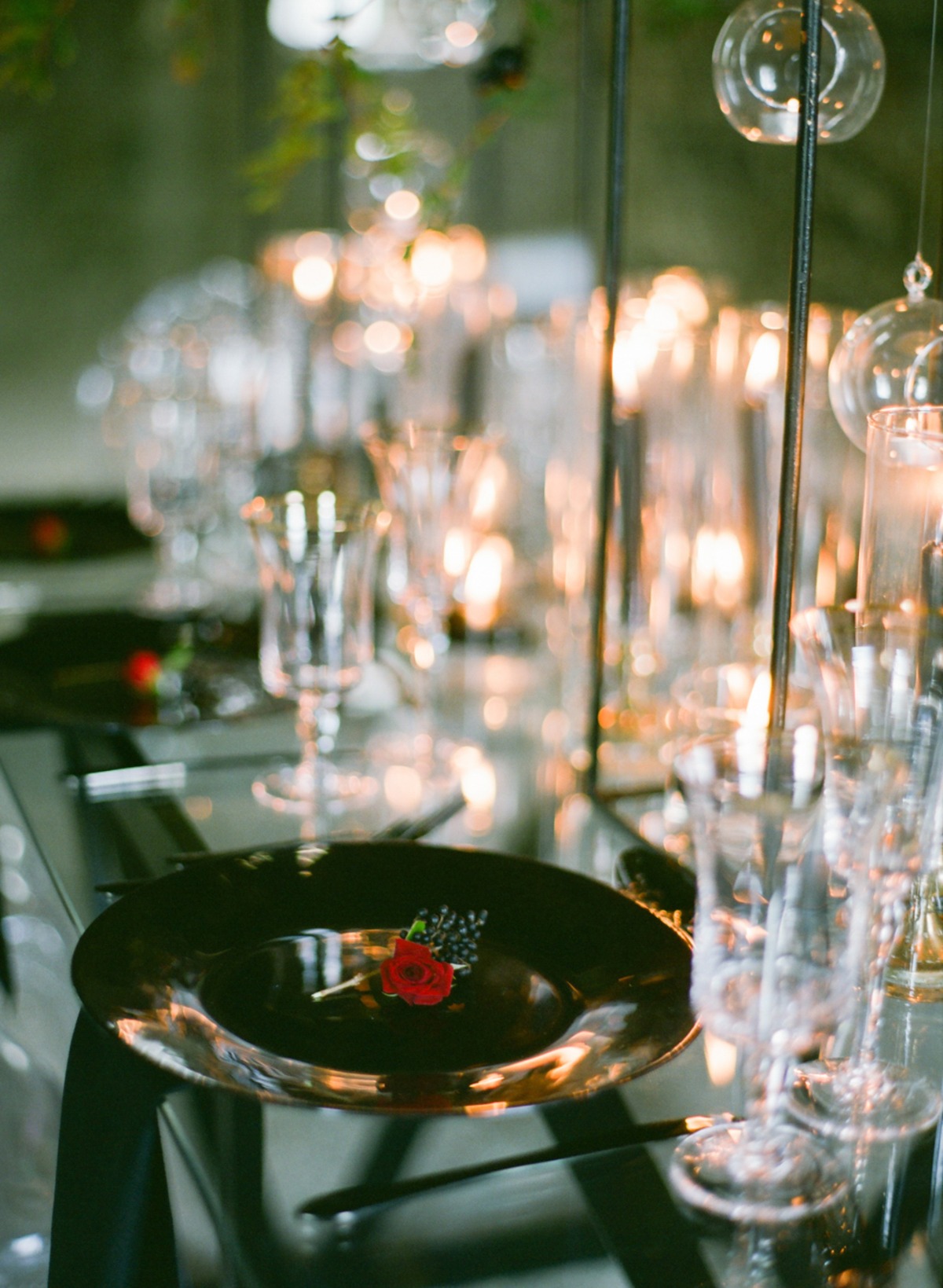 black and glass wedding table place setting