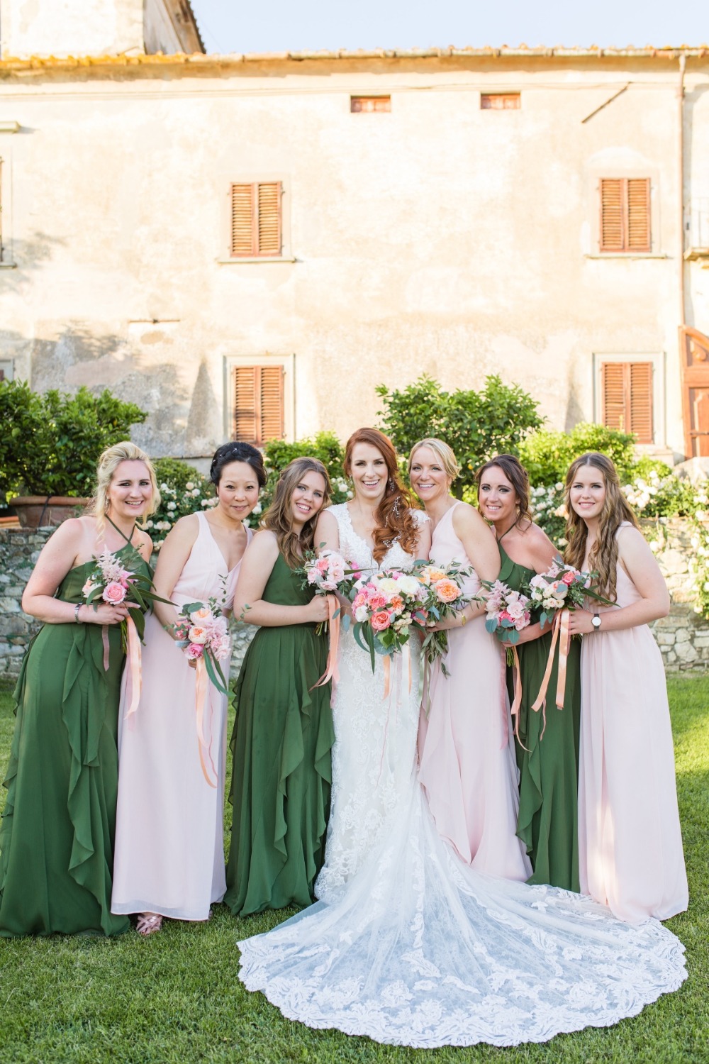 bridesmaids in olive and blush dresses