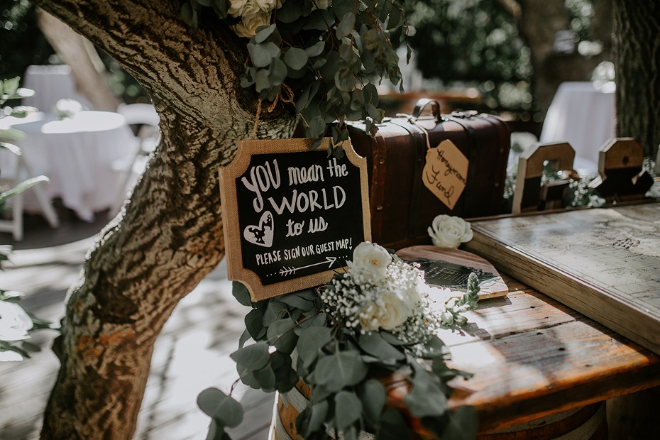 Wedding decor with sign: You mean the world to us, vintage suitcase