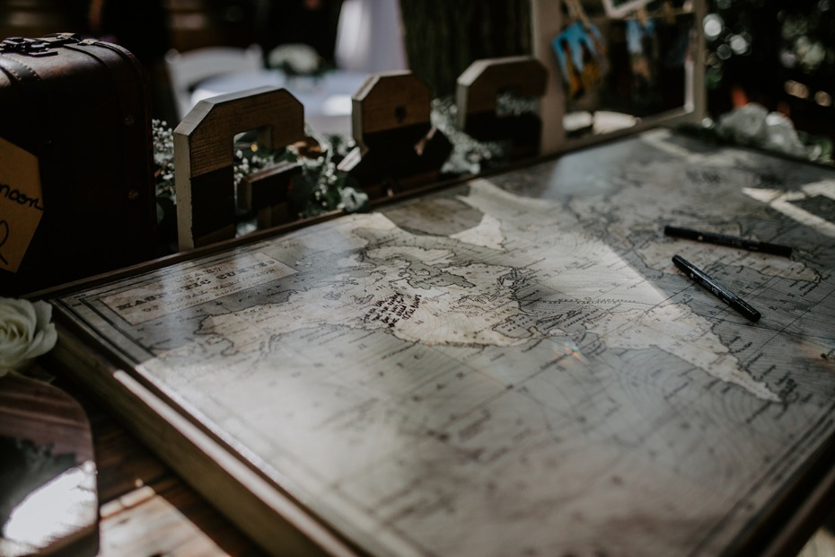 Wedding guest book map with pens and personalized initials