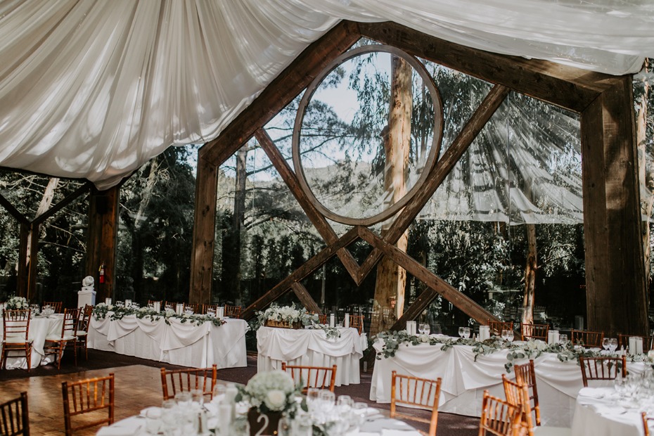 Elegant wedding reception setup in a beautiful outdoor setting