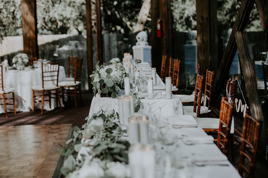 Elegant wedding reception table setting with floral arrangements