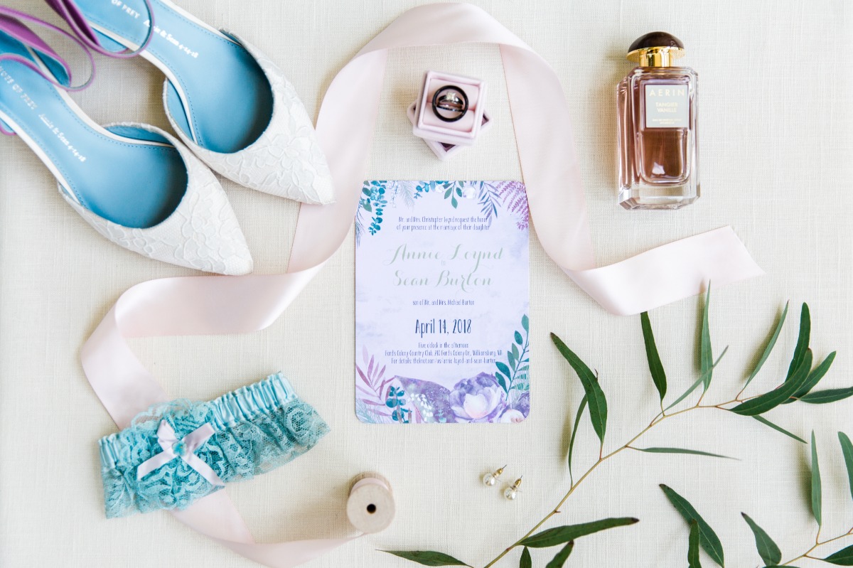 Elegant wedding details shoes ring invitation perfume
