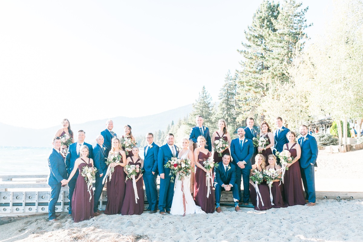 plum and blue wedding party