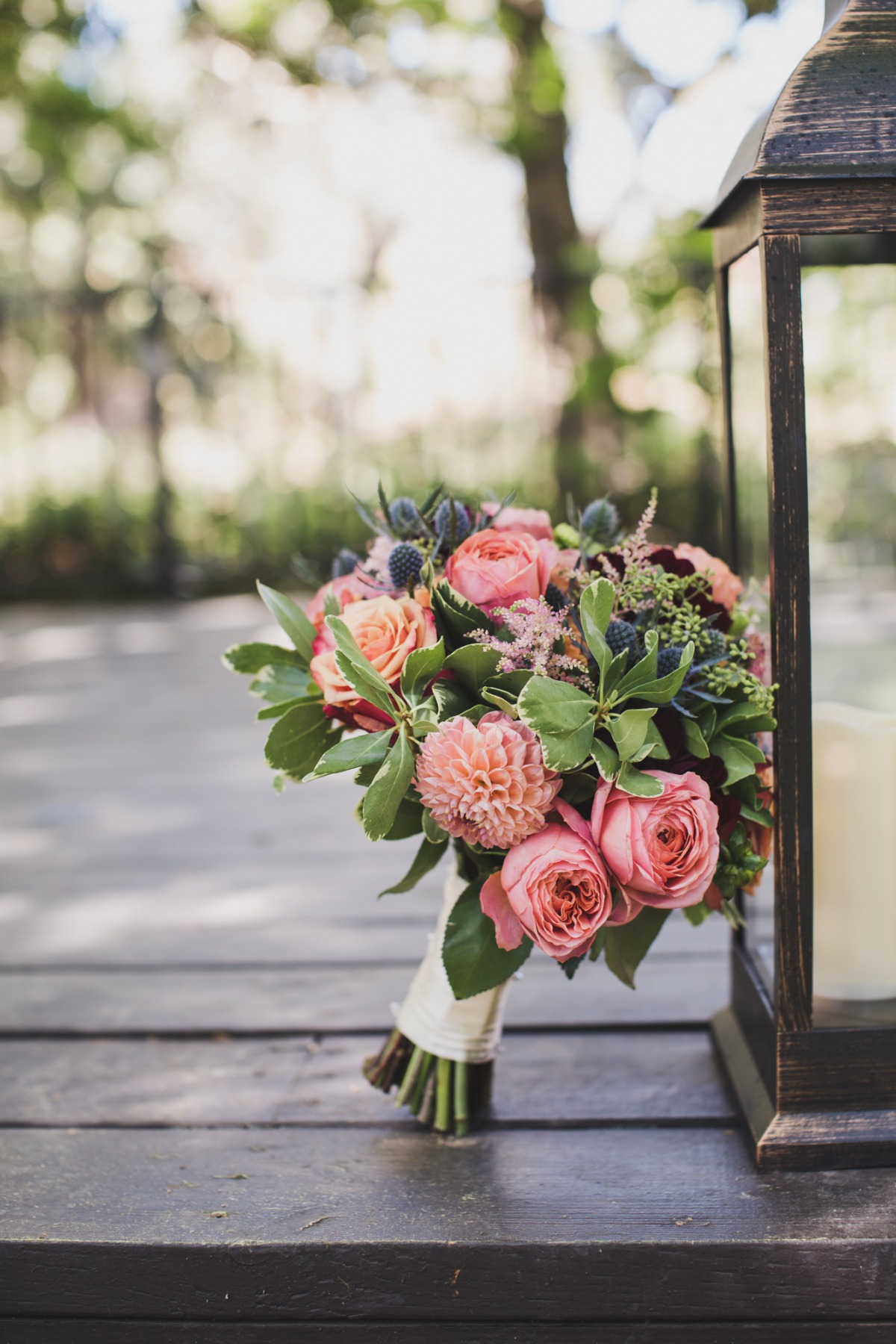 pink and thistle wedding bouquet
