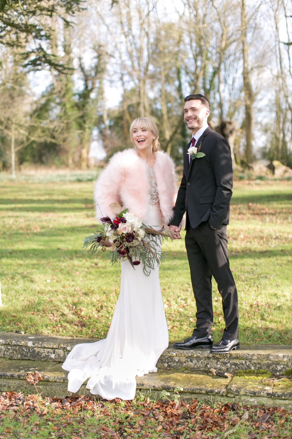 Pink fur jacket winter bride