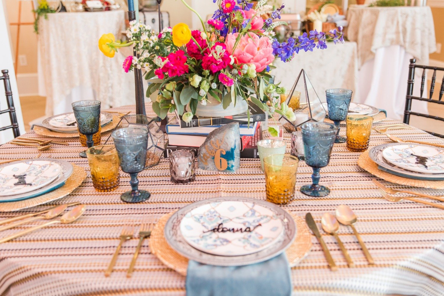 fun boho style gold and blue wedding table