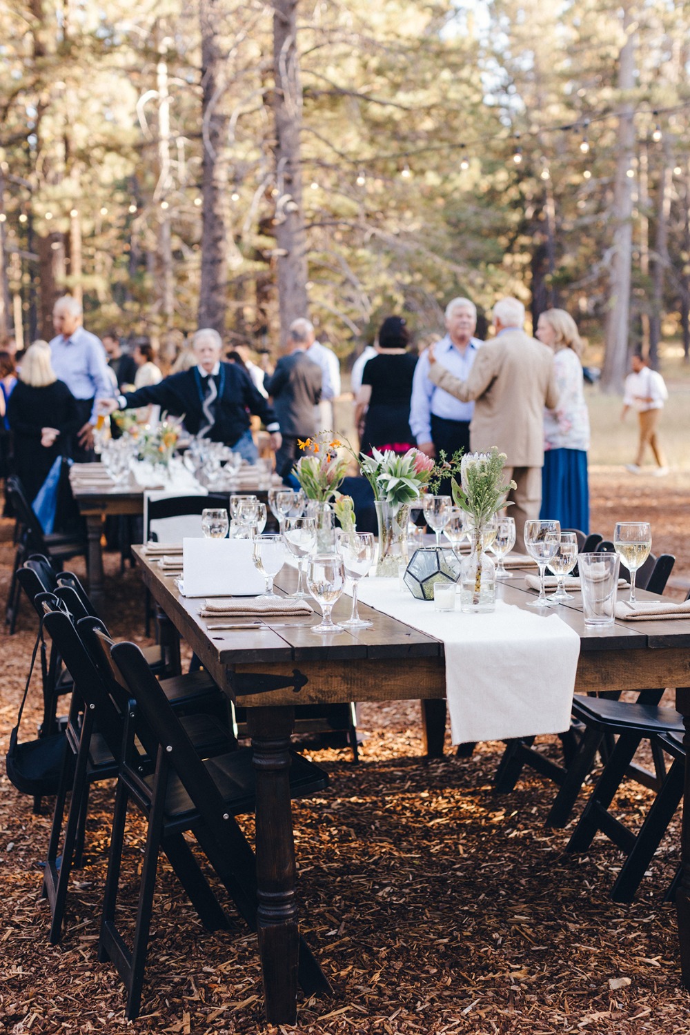 Elegant outdoor reception with tables set for guests in a forest