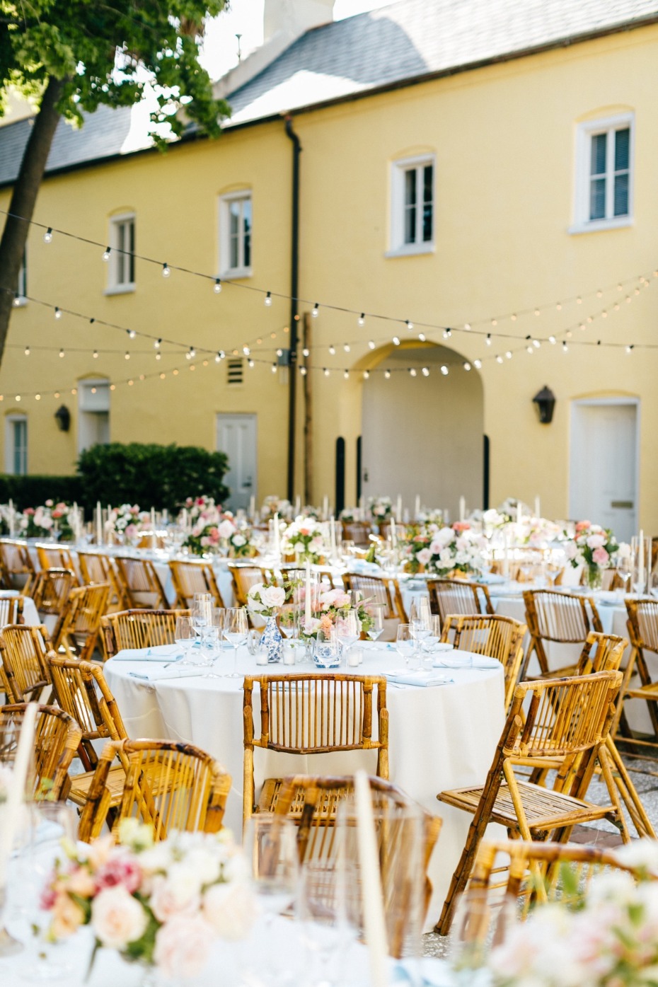Chic outdoor reception with bistro lights