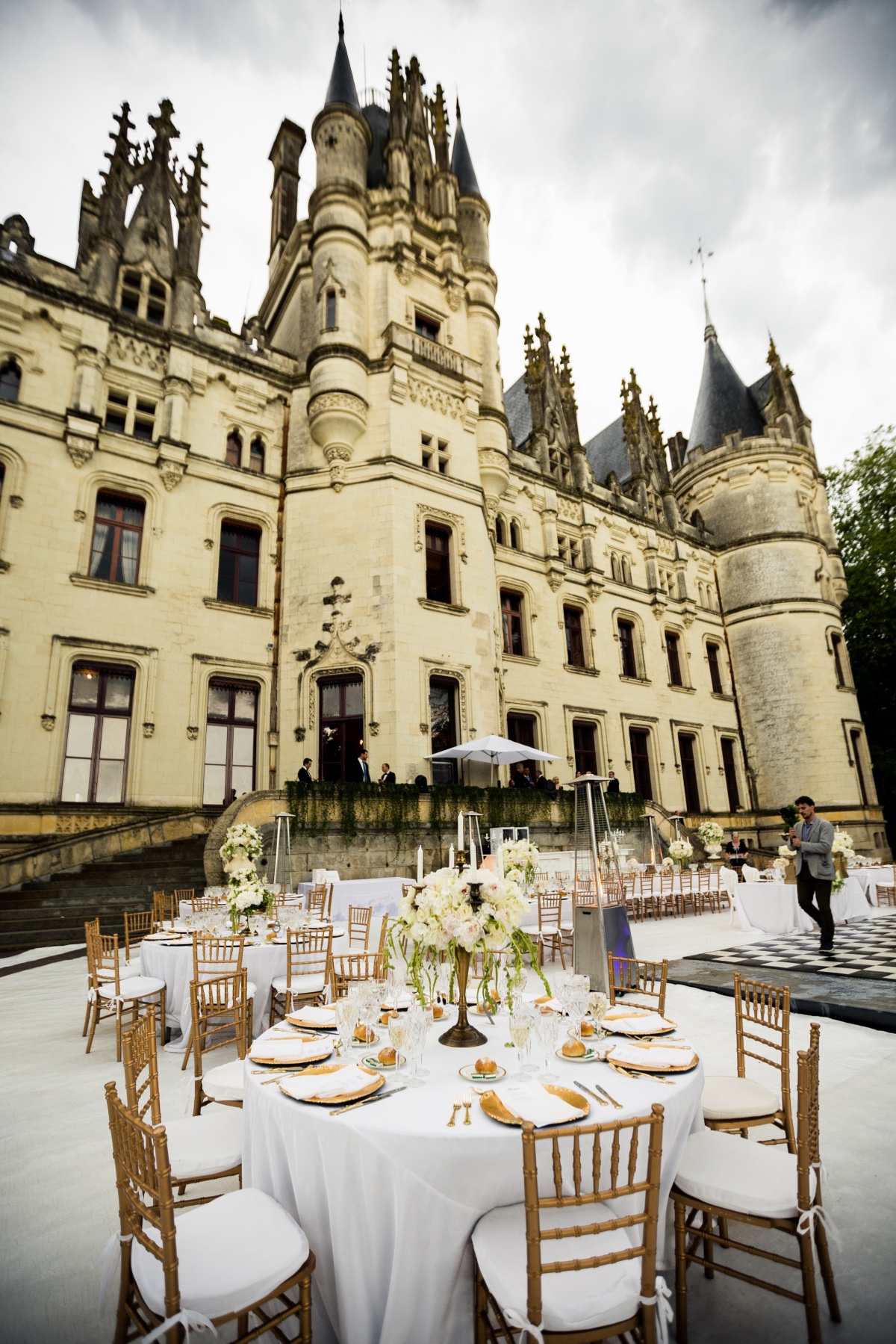 Elegant wedding reception set up at a grand European castle
