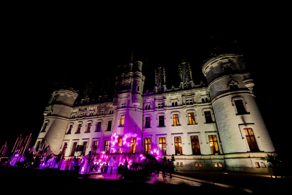 Illuminated castle at night with purple and orange lights
