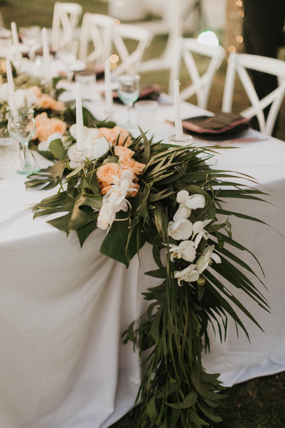 greenery and tropical floral table garland